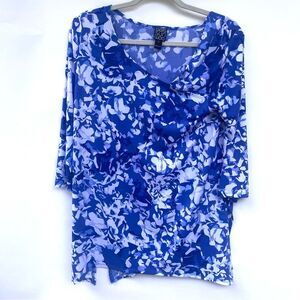 Clara sun woo Blue Abstract Floral Tunic Top 3/4 Sleeve